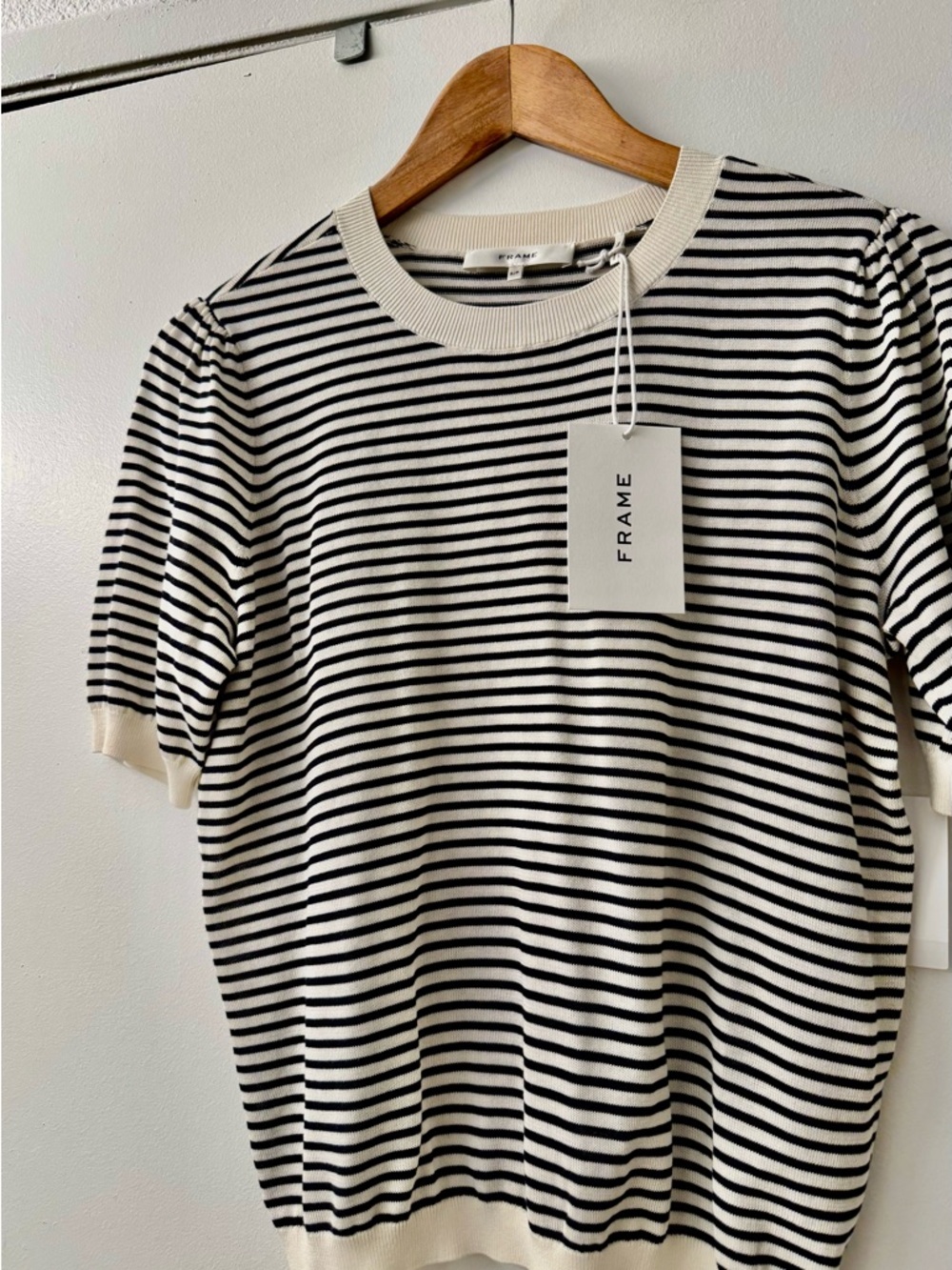 Frame Denim Black and White Striped Short Sleeve Tee